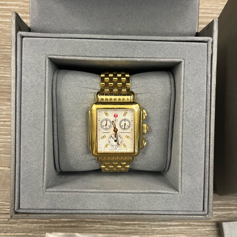 MICHELE Deco Gold-Tone Diamond Dial Watch